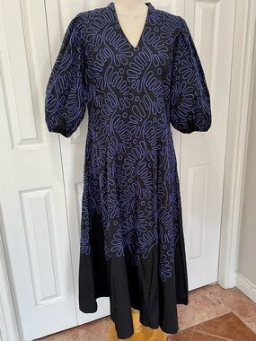 eshakti Black Midi Dress with Blue Embroidered Abstract Print and Pockets